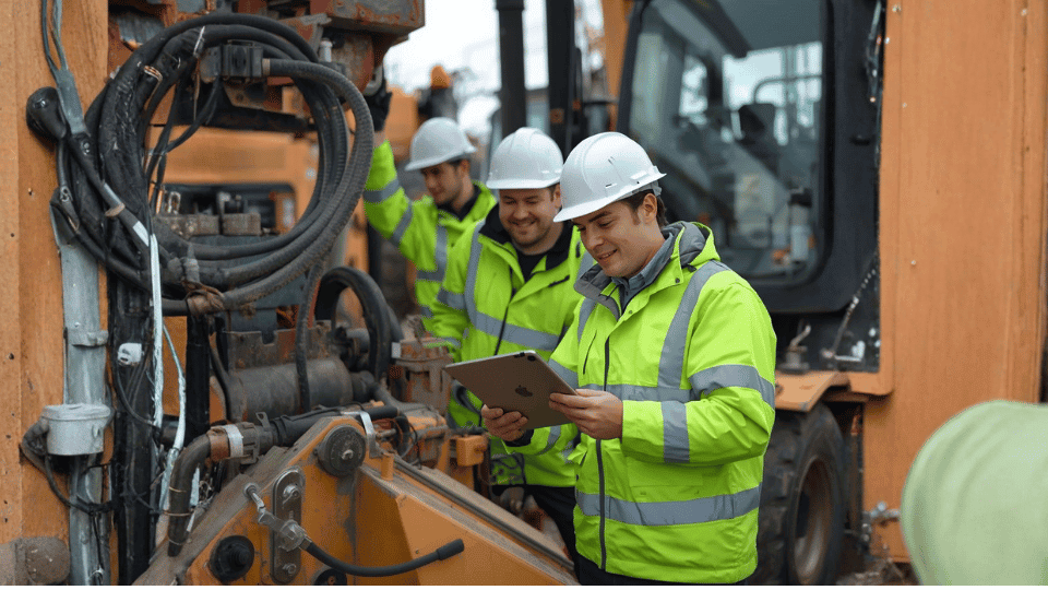Construction technicians using a tablet to troubleshoot heavy machinery on-site